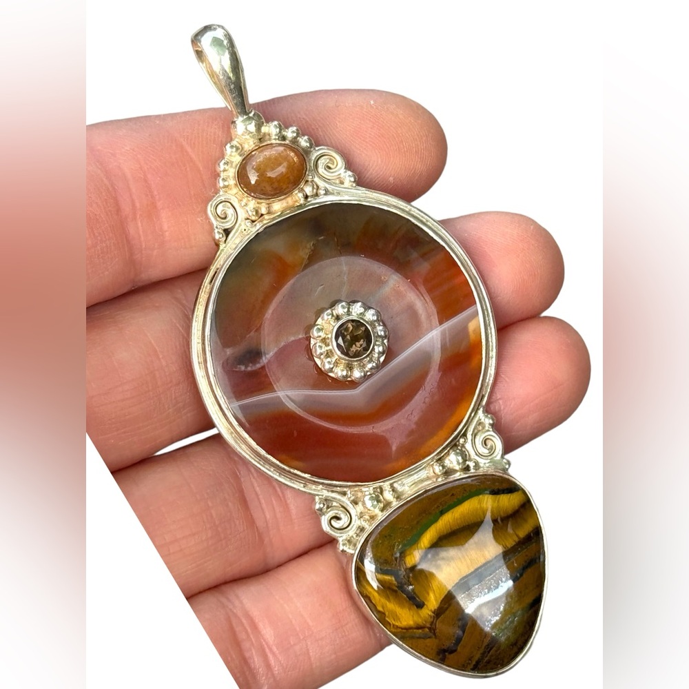 RARE  Sajen 925 Sterling silver  pendant Tiger eye jasper  statement pendant